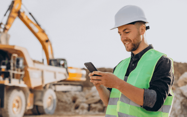 Field worker looking at GoCanvas mobile forms on phone.