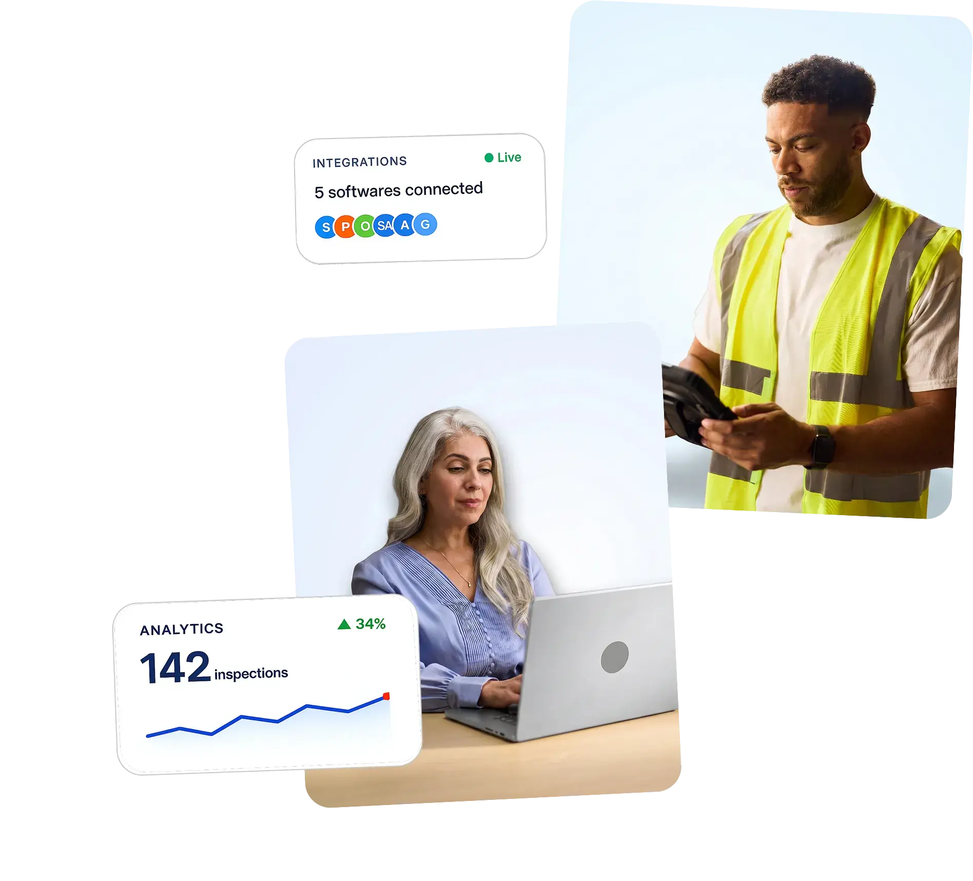 Construction worker using GoCanvas app on tablet for inspections.